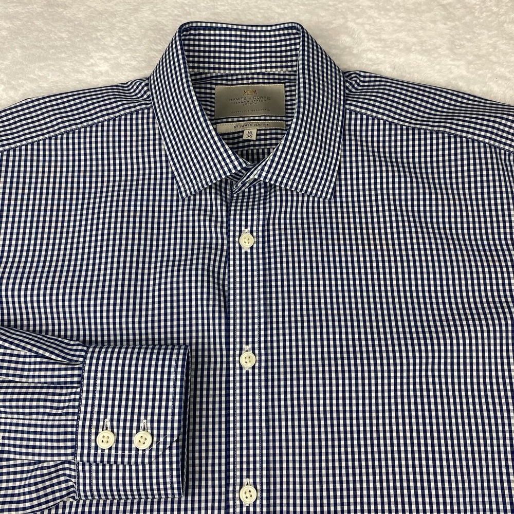 Hawes & Curtis Dress Shirt Mens 16-36 Blue/White Checks St. James Slim Fit